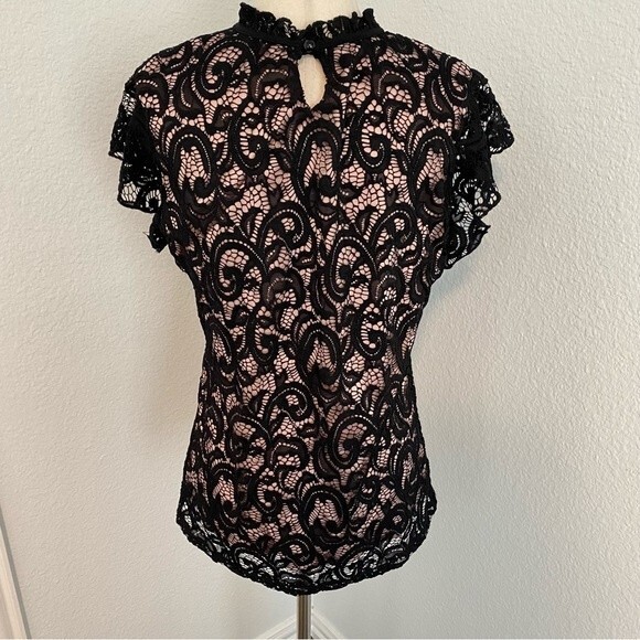 Perseption Lace Black Pink Short Sleeve Sexy Dressy V Neck Cut Out Top Size M - Picture 3 of 8